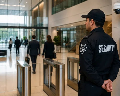 Professional security guard monitoring a corporate office lobby with CCTV surveillance and controlled access turnstiles.