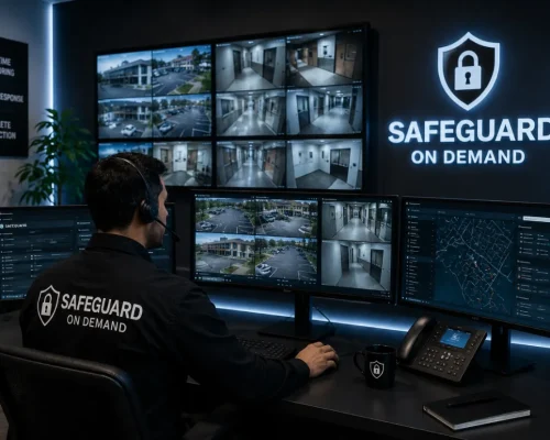 Security operator monitoring multiple CCTV surveillance feeds in a professional security operations center for real-time monitoring, rapid response, and property protection.