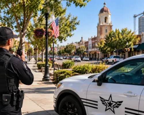 Professional security guard monitoring a Hanford downtown and agricultural area with a Safeguard On Demand patrol vehicle, historic storefronts, landscaped streets, and secure commercial property.