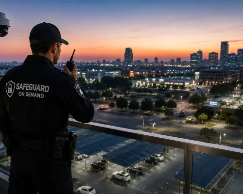 Professional security guard monitoring a commercial property and city surroundings from an elevated position with CCTV surveillance and radio communication.