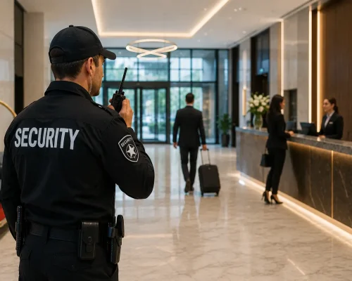Professional security guard monitoring an upscale hotel lobby entrance, providing guest safety, access control, and on-site security protection.