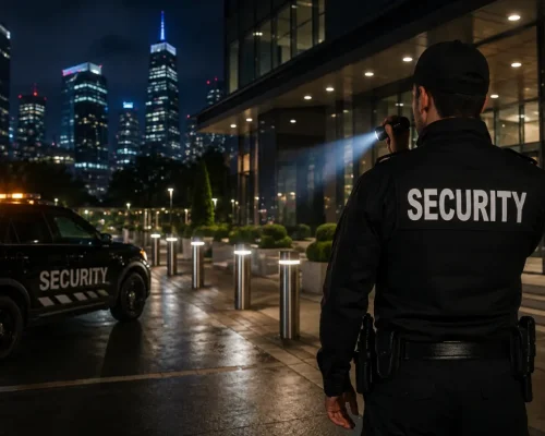 Professional security guard conducting a nighttime patrol outside a commercial building with a security vehicle and flashlight.