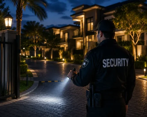 Professional security guard conducting nighttime patrol at a gated residential community, monitoring the entrance and protecting homes and residents.