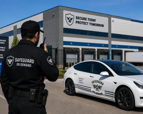 Professional security guard monitoring a commercial warehouse and distribution center with a Safeguard On Demand security vehicle, controlled loading bays, and restricted facility access.