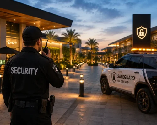 Professional security guard monitoring a commercial property at dusk with a Safeguard On Demand security patrol vehicle, illuminated entrance, and landscaped walkways.