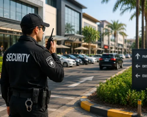 Professional security guard monitoring a shopping center parking lot and entrance for enhanced commercial property security.
