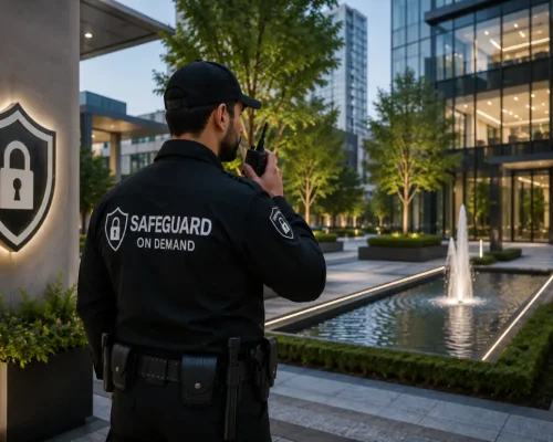 Professional security guard monitoring a modern commercial property entrance with Safeguard On Demand security branding, landscaped grounds, surveillance, and secure access.