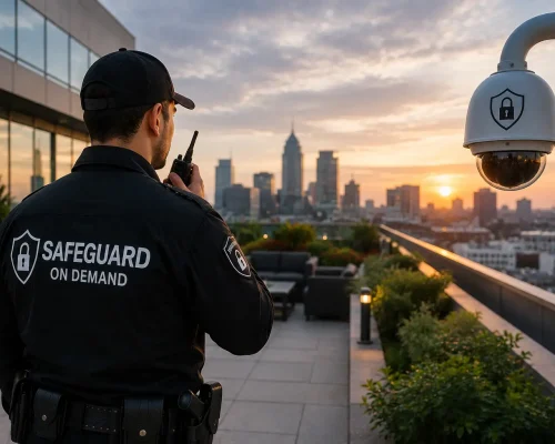Professional security guard monitoring a rooftop property with CCTV surveillance camera, radio communication, landscaped terrace, and city skyline at sunset.