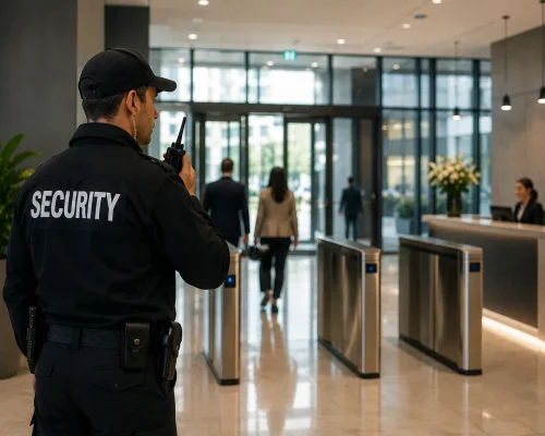 Professional security guard monitoring a corporate building lobby with access control turnstiles, reception desk, and secure entrance.