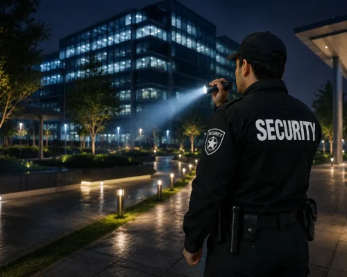 Professional security guard conducting nighttime patrol of a commercial office complex with flashlight, illuminated pathways, and security monitoring.