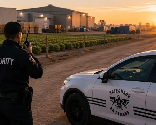 Professional security guard monitoring a Salinas agricultural and packing facility with a Safeguard On Demand patrol vehicle, crop fields, farm warehouses, and controlled property access.