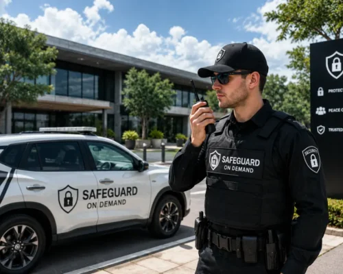 Professional security guard providing commercial property protection beside a Safeguard On Demand patrol vehicle outside a modern office building.