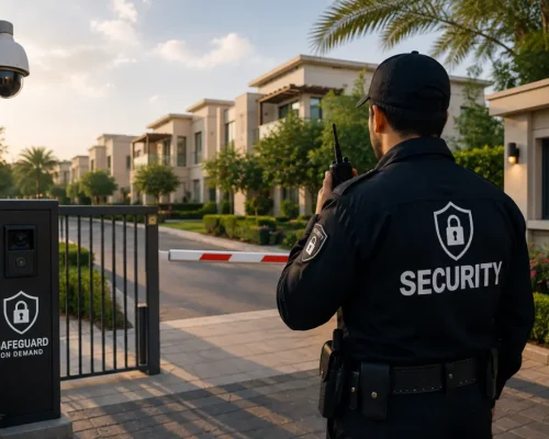Professional security guard monitoring a gated residential community entrance with CCTV surveillance, access control barrier, and landscaped surroundings.