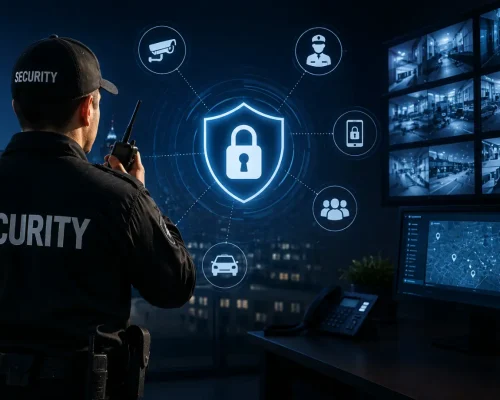 High-tech security operations center with a professional security guard monitoring CCTV surveillance, security systems, and real-time property protection technology.