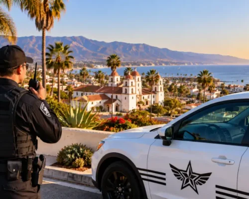 Professional security guard monitoring a Santa Barbara coastal property with a Safeguard On Demand patrol vehicle, waterfront, palm-lined streets, and surrounding mountains.