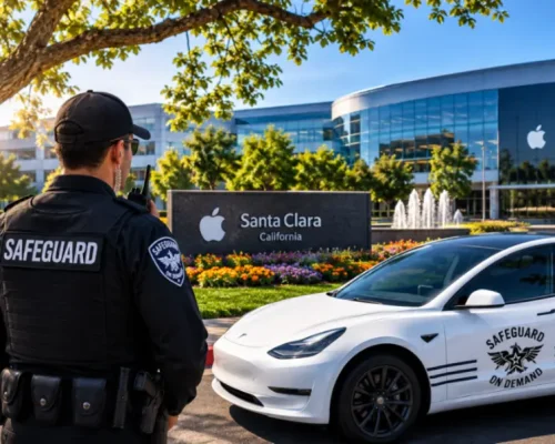 Security guard providing security services at a Santa Clara technology campus with a branded patrol vehicle