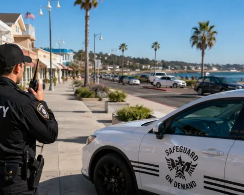 Professional security guard monitoring a busy Santa Cruz coastal commercial area with a Safeguard On Demand security vehicle, waterfront promenade, shops, palm trees, and public parking.