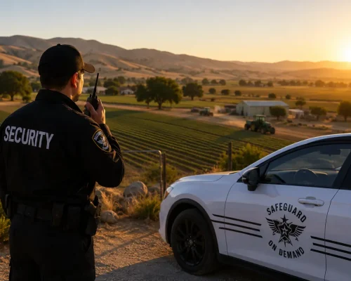 Professional security guard monitoring a Santa Maria agricultural property with a Safeguard On Demand patrol vehicle, fenced farmland, crop fields, and rural facilities.