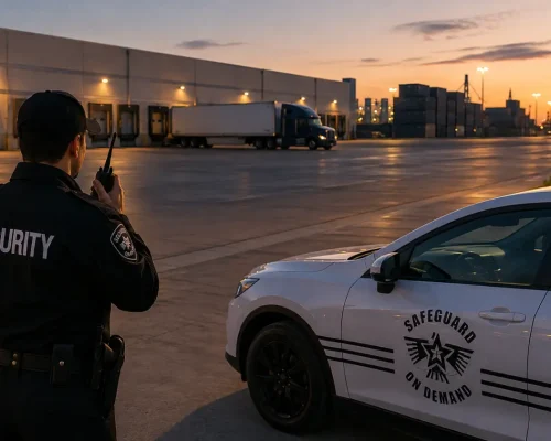 Professional security guard monitoring a Tracy warehouse and logistics facility with a Safeguard On Demand patrol vehicle, loading docks, freight trucks, and secure industrial property.