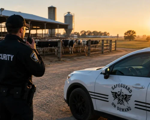Professional security guard monitoring a Turlock dairy facility with a Safeguard On Demand security vehicle, livestock areas, farm buildings, and agricultural property.