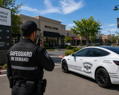 Professional security guard monitoring a Vacaville retail and residential community with a Safeguard On Demand security vehicle and commercial property security.