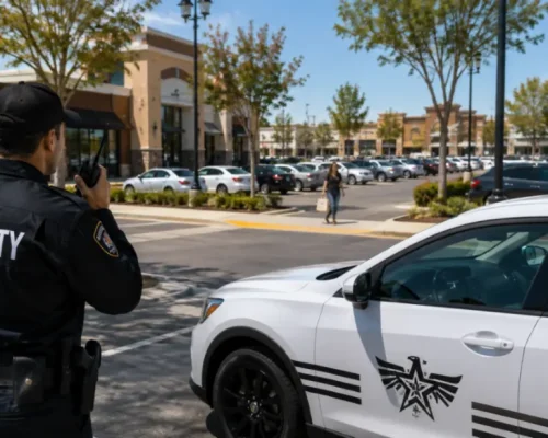 Professional security guard monitoring a Visalia shopping center parking lot with a patrol vehicle, retail storefronts, pedestrians, and commercial property security.