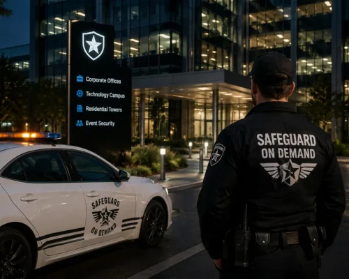 Security guard standing beside a marked security patrol car outside a modern corporate campus at dusk, representing professional security services for offices, technology campuses, residential towers, and events.