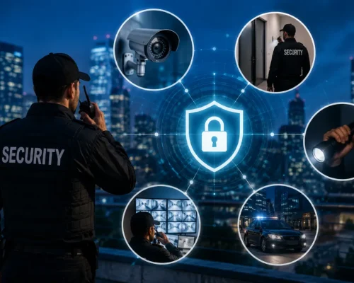 Professional security guard monitoring a city with CCTV surveillance, patrol vehicle, security technology, and protective security systems.